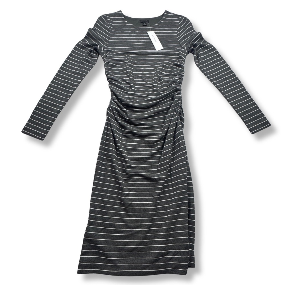 NWT Ann Taylor Dress Ruched Side Striped Long Sleeve Career Women Gray XXS